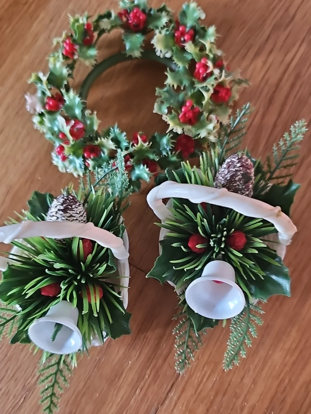 Vintage Christmas Decor Bundle Lighted Treetop, PlasticCandleRings, Elf, Baskets